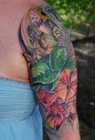 Arm realistic flower and butterfly tattoo pattern
