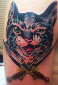 Big arm painted pouting cat and dagger tattoo pattern