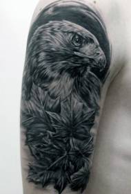Very realistic black eagle and maple leaf tattoo pattern