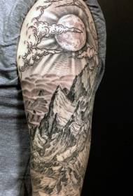 Lielas rokas brīnišķīgas fantāzijas pasaules melnā pelēkā kalnu tetovējuma modelis