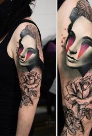 Color mysterious woman tattoo pattern in shoulder carving style