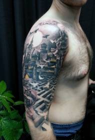 Shoulder industrial style mysterious castle with labyrinth tattoo