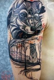 Big arm black wolf in forest tattoo pattern