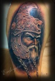 Shoulder colored viking warrior portrait tattoo pattern