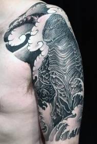 Arm zwart-wit Godzilla tattoo-patroon in Aziatische stijl