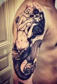 Arm black mermaid and evil fish tattoo pattern