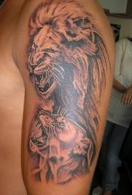 Modello tatuaggio spalla marrone ruggente leone e leonessa