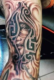 Tribal woman portrait tattoo uniquely designed with arm