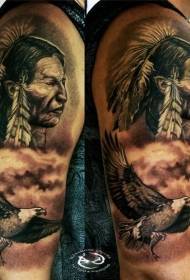 Arm black gray ancient Indian portrait and eagle tattoo pattern