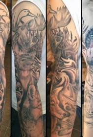 Arms in black and gray style with various wild animal tattoo designs