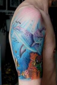 Shoulder color realistic underwater dolphins tattoo pictures