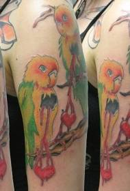 Big arm colored parrot and heart shaped tattoo pattern
