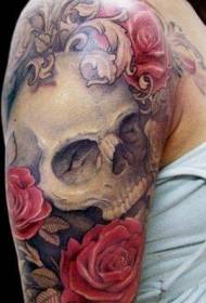 Shoulder colored skull and rose tattoo pattern