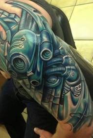 Duży niebieski mechaniczny wzór tatuażu na ramieniu
