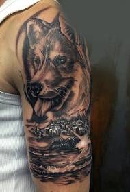 Big arm realistic looking dog with old town tattoo pattern