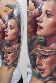 Colorful woman portrait tattoo in shoulder realism style