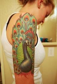 Colorful peacock bird big arm tattoo pattern