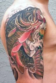Disegno del tatuaggio di calamari e fiori colorati stile asiatico grande braccio