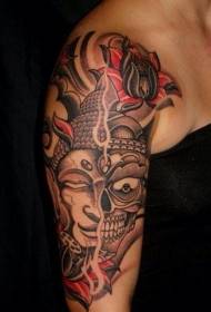 Arm Asian style multicolor double sided mask tattoo pattern