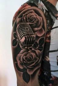 Big arm black gray microphone with rose tattoo pattern
