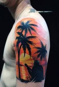 Musician tattoo on shoulder painted ocean beach