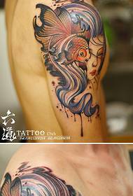 Super charming watercolor goldfish woman tattoo pattern