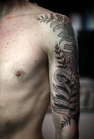 Patrón de tatuaje de planta de hoja de helecho negro de brazo masculino
