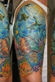 Realistic color underwater turtle tattoo pattern on the shoulder