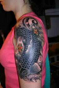 Patrón de tatuaje de pez koi negro de brazo grande para niña