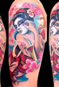 Lengan cat air geisha dan pola tato bunga sakura