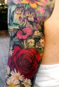 Shoulder colored beautiful flowers with butterfly tattoo pattern