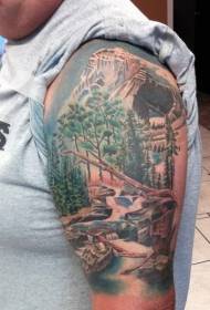 Shoulder color amazing snow mountain forest tattoo pattern