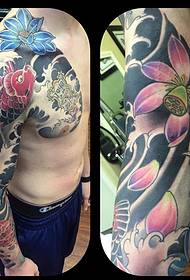 Men's right hand half armor lotus squid tattoo pattern