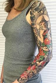 Flower arm Japanese style cat tattoo pattern is very eye-catching