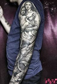 Virgin Angel lengan bunga tato hitam dan putih