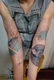 Arm colored birds and geometric shapes tattoo pattern