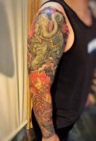 Arm elephant and tiger flower painted tattoo pattern