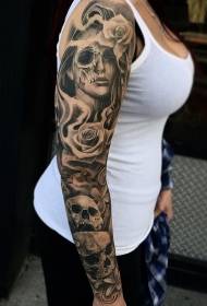 Arm black gray rose girl portrait skull tattoo pattern