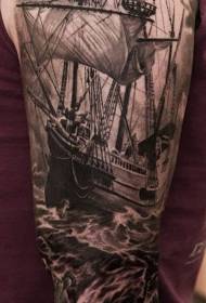 Shoulder black brown pirate ship and skull tattoo picture