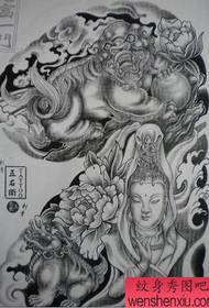 Half ng isang pattern ng tattoo: Kalahati ng isang sagradong halimaw na Guanyin halimaw Tang lion tattoo pattern