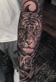 Le bras du garçon sur le point d'esquisse gris noir poignarder la photo de tatouage de bras de fleur de tigre dominatrice image