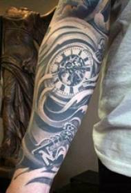 Schoolboy arm on black sketch point sting trick retro gear clock flower arm tattoo picture