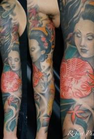 Flower arm colored japanese geisha and samurai mask tattoo