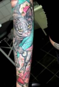 Brazo color gato tijeras fresa tatuaje patrón