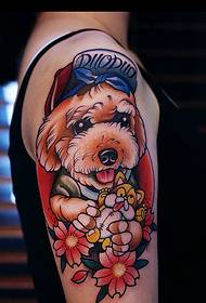 Flower arm Japanese big-eyed puppy tattoo pattern is very cute