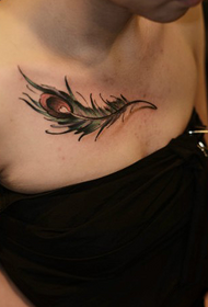 girl clavicle peacock feather fashion tattoo