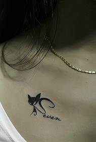 sexy girl small black cat clavicle tattoo innocent cute