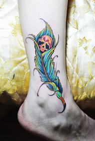 Ankle feathers wrapped in a skull tattoo