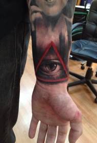 rankos juodos pilkos akys su raudonu trikampiu tatuiruotės modeliu