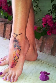 foot beautiful colored feather tattoo